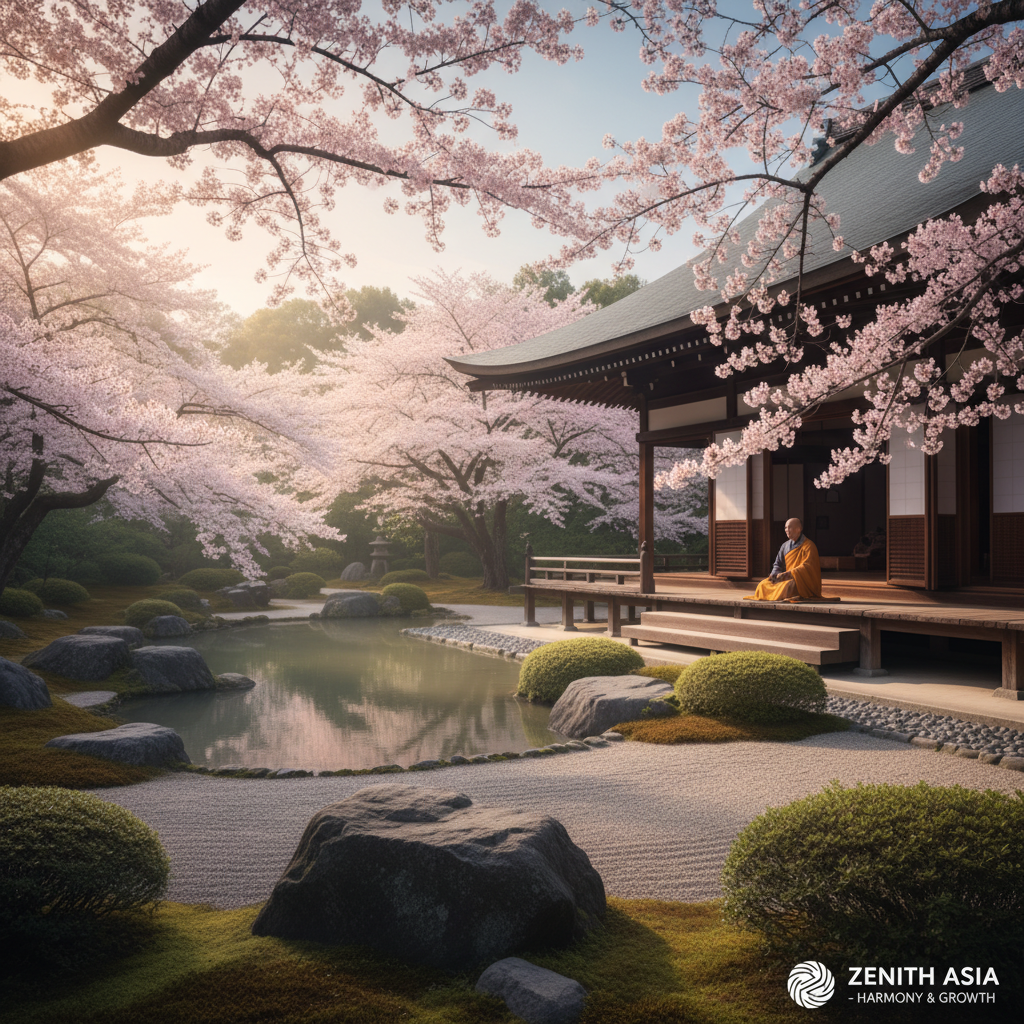 교토의 고요한 선불교 정원을 배경으로 만개한 벚꽃이 어우러진 전통 사찰의 풍경, 부드러운 아침 햇살이 내리쬐는 고즈넉한 분위기.