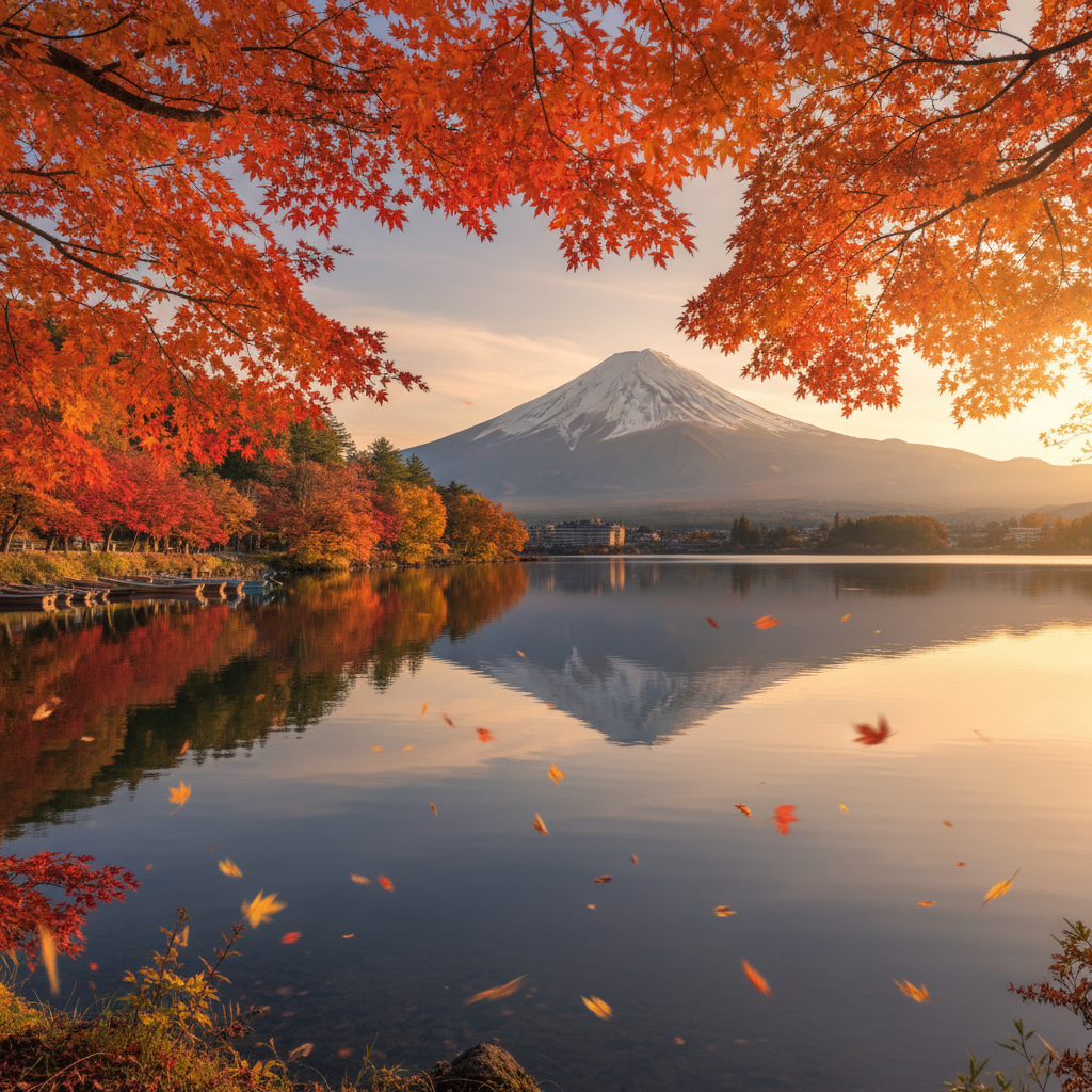 후지산이 멀리 보이는 가와구치코 호숫가의 단풍 풍경, 붉게 물든 나무들과 호수에 비친 산의 대칭적 모습.