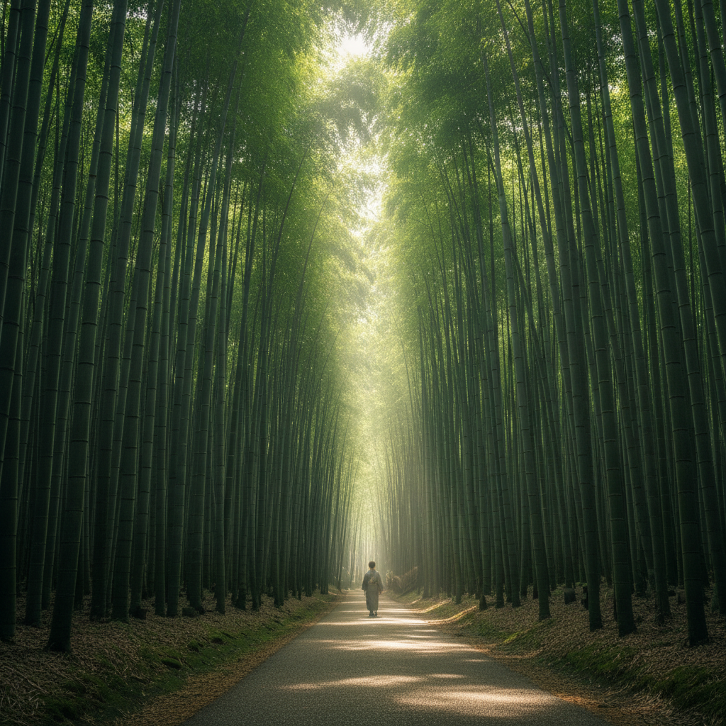 울창한 아라시야마 대나무 숲길 사이로 쏟아지는 햇살, 초록빛 대나무 숲이 주는 평화롭고 신비로운 자연의 질감.