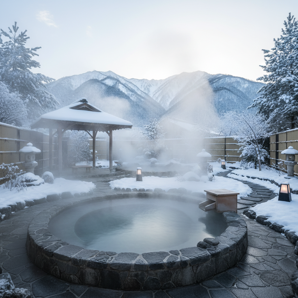 설경을 배경으로 한 노천 온천의 김이 모락모락 피어오르는 모습, 김 뒤로 보이는 눈 덮인 산과 전통적인 온천 시설.